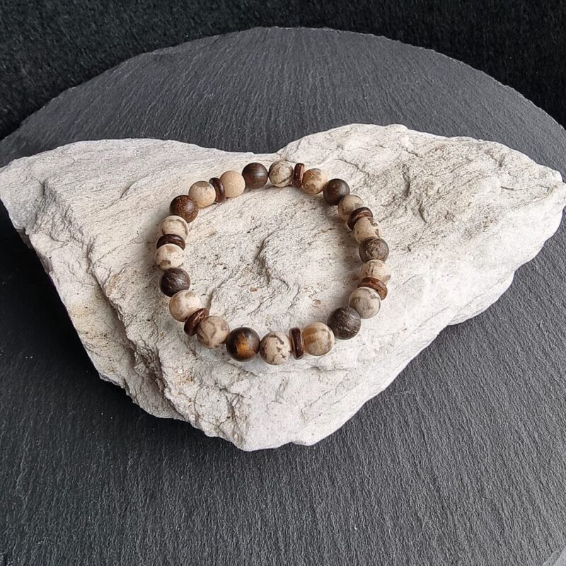 Bracelet Jaspe Chrysanthème avec Bronzite et perles de noix de coco mat