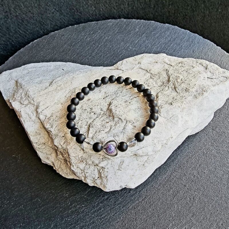 Bracelet Onyx mat avec Cristal de Roche facettée Brillant et Agate Violette Verte facettée Brillante et cœur 925 argenté