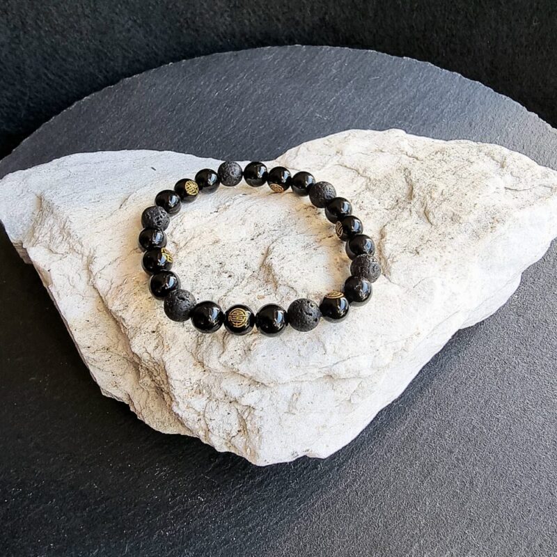 Bracelet Tourmaline Noire Brillante avec Pierre de Lave mat et Onyx Symbole Brillant