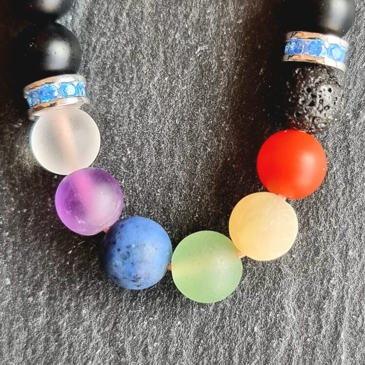 Bracelet 7 Chakras Onyx mat avec 925 Argenté Bleu