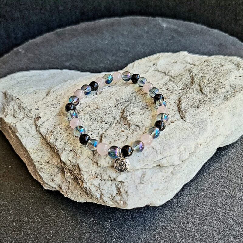 Bracelet Tourmaline Noire Brillante avec Aqua Aura Brillant et Quartz Rose Brillant 925 argent