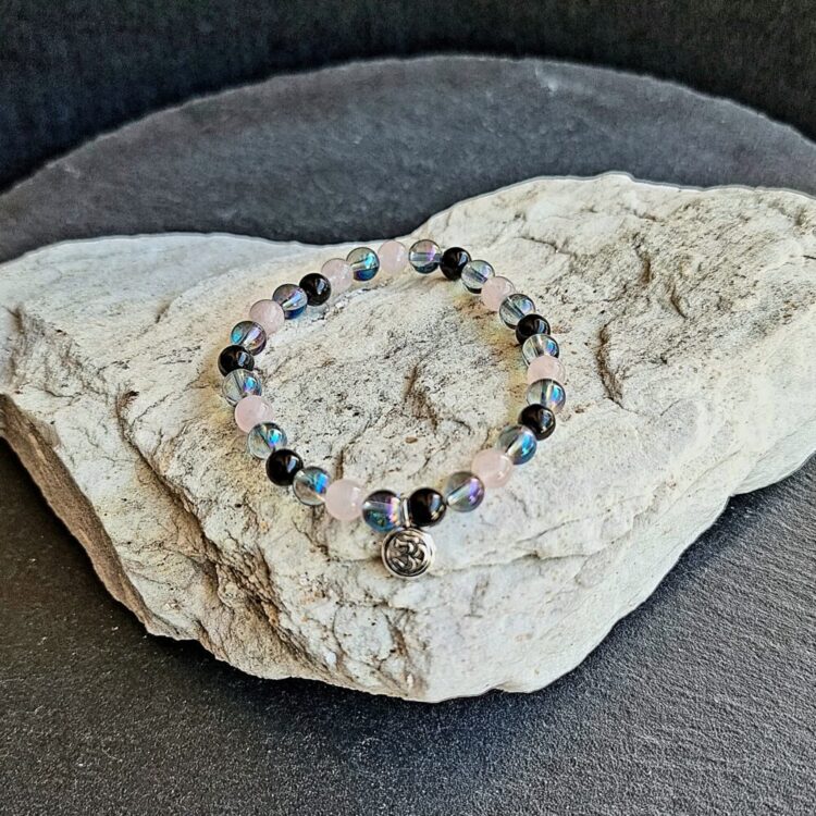 Bracelet Tourmaline Noire Brillante avec Aqua Aura Brillant et Quartz Rose Brillant 925 argent