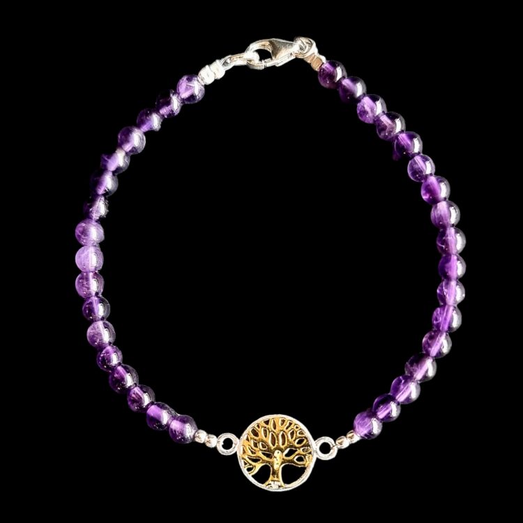 Bracelet Arbre de Vie Doré avec Améthyste Brillante et fermoir 925