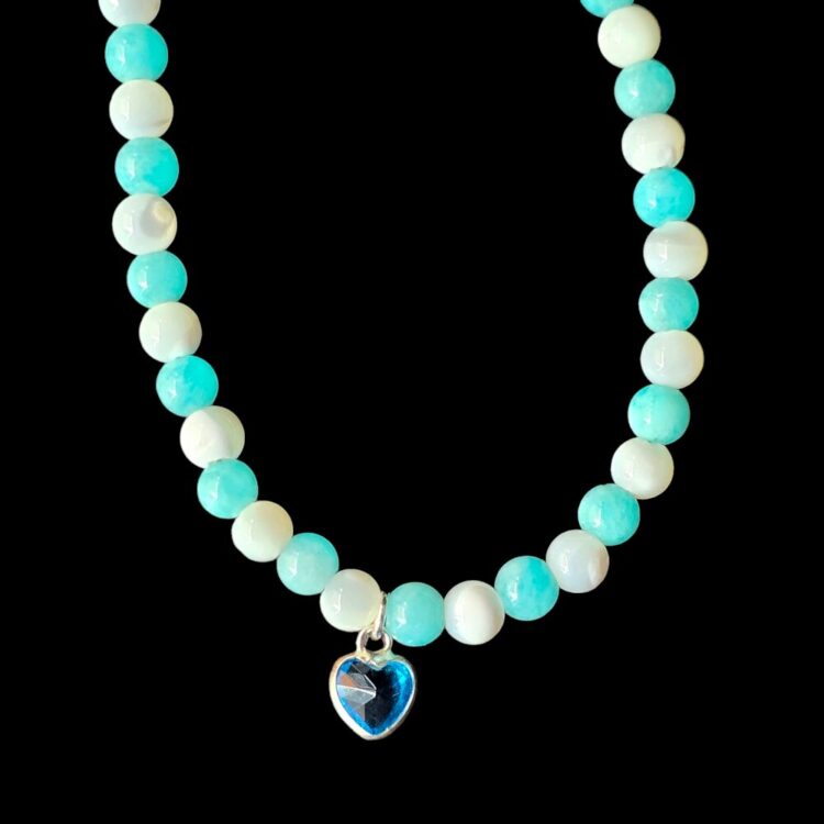 Bracelet de cheville Amazonite Brillante et Nacre Brillant avec fermoir 925 cœur bleu